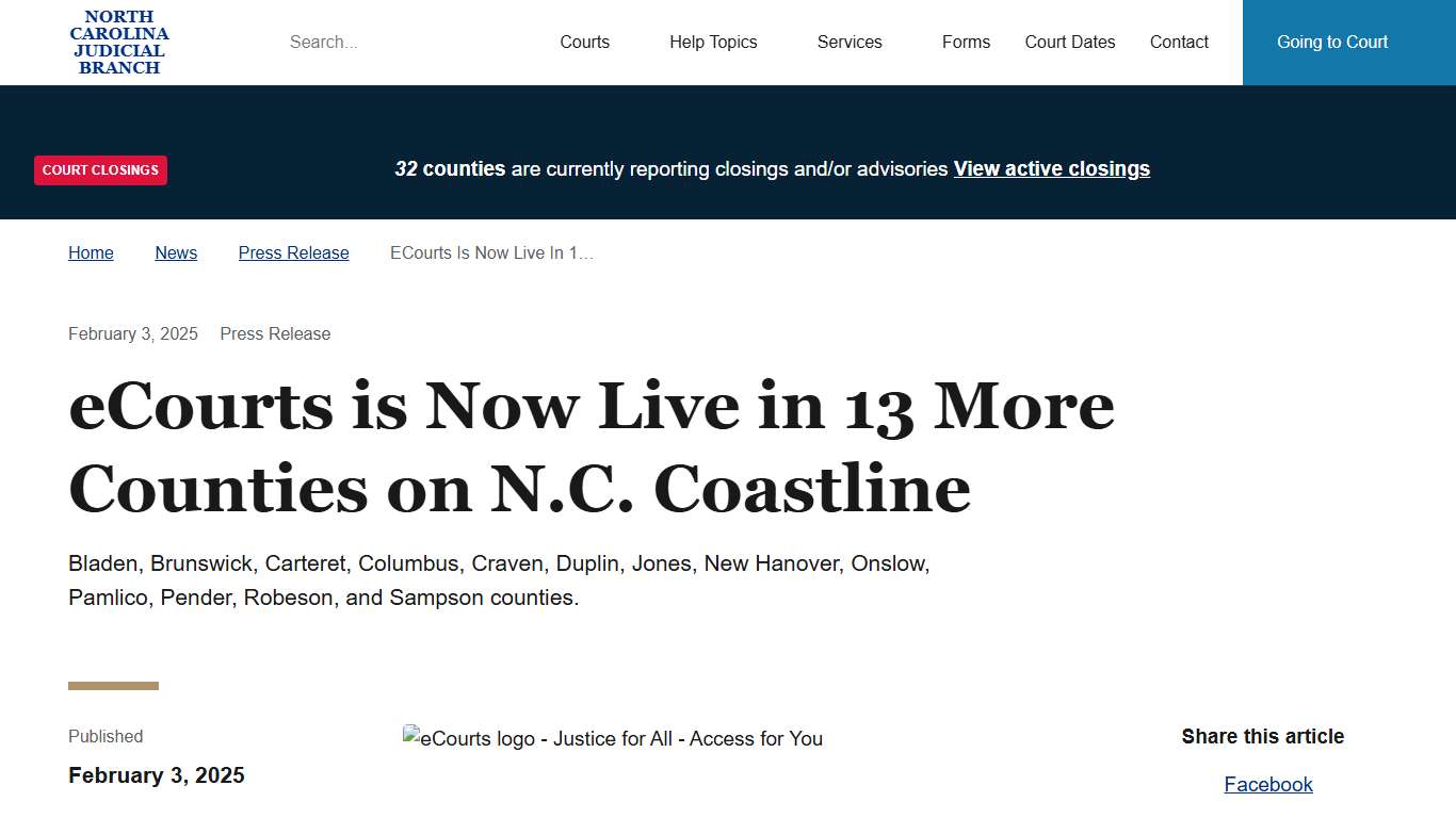 eCourts is Now Live in 13 More Counties on N.C. Coastline North Carolina Judicial Branch