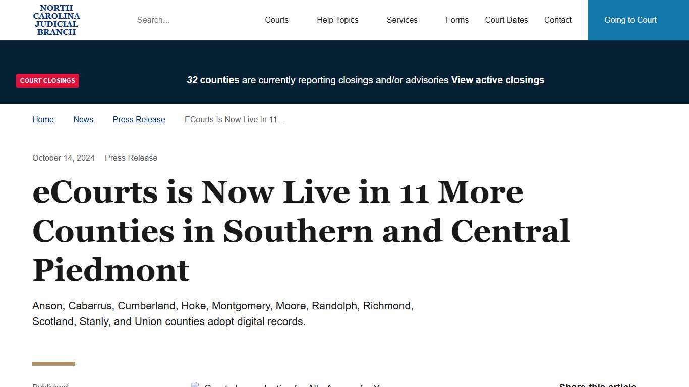 eCourts is Now Live in 11 More Counties in Southern and Central Piedmont North Carolina Judicial Branch